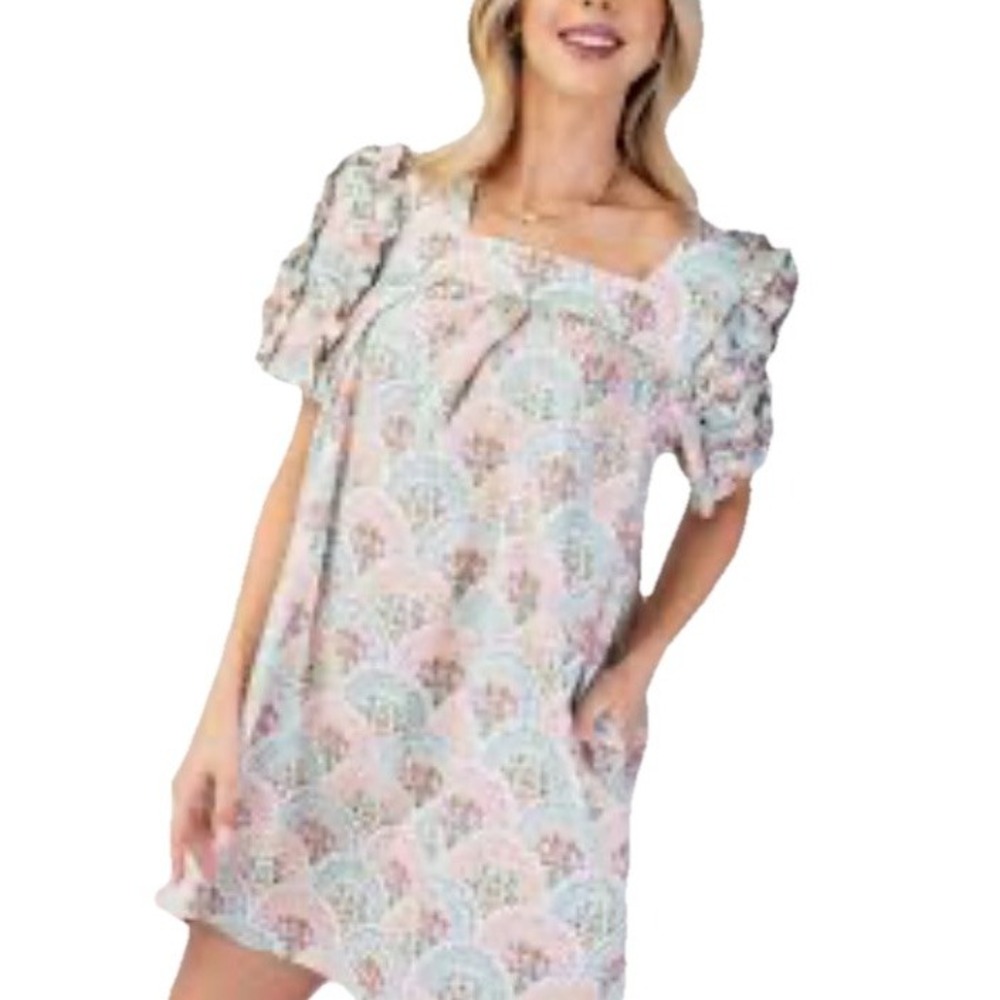 Gigio Floral 100% Cotton Tunic Dress with Pockets, Ruffle Sleeves, Sz S